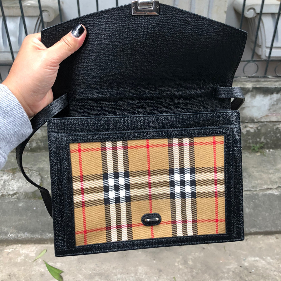 B.B.R Mini Leather and Vintage Check Crossbody Bag- Black: