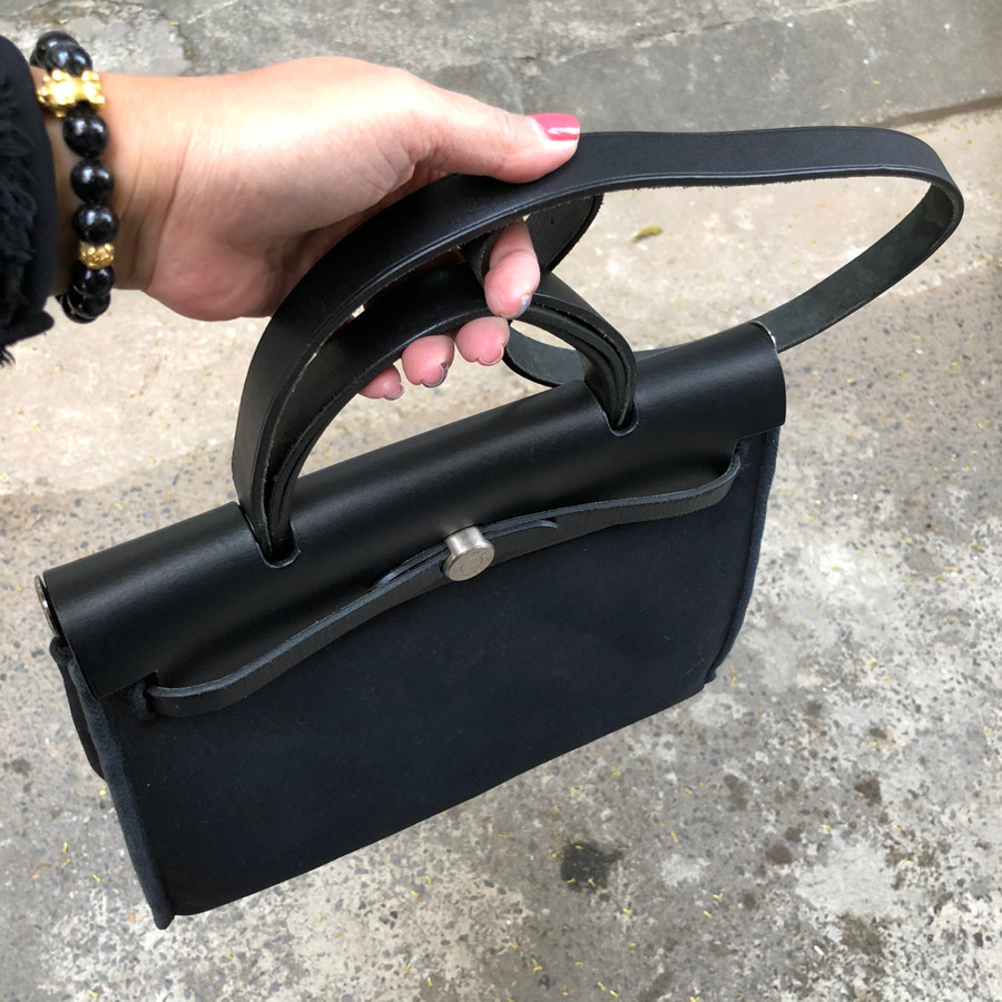 ❤️Hermes herbag PM - black leather 2 thân đen trắng