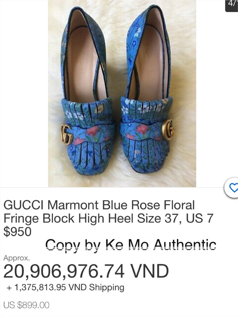 Gucci - Marmont Blue Rose Floral Fringe Block Heel Size 37: