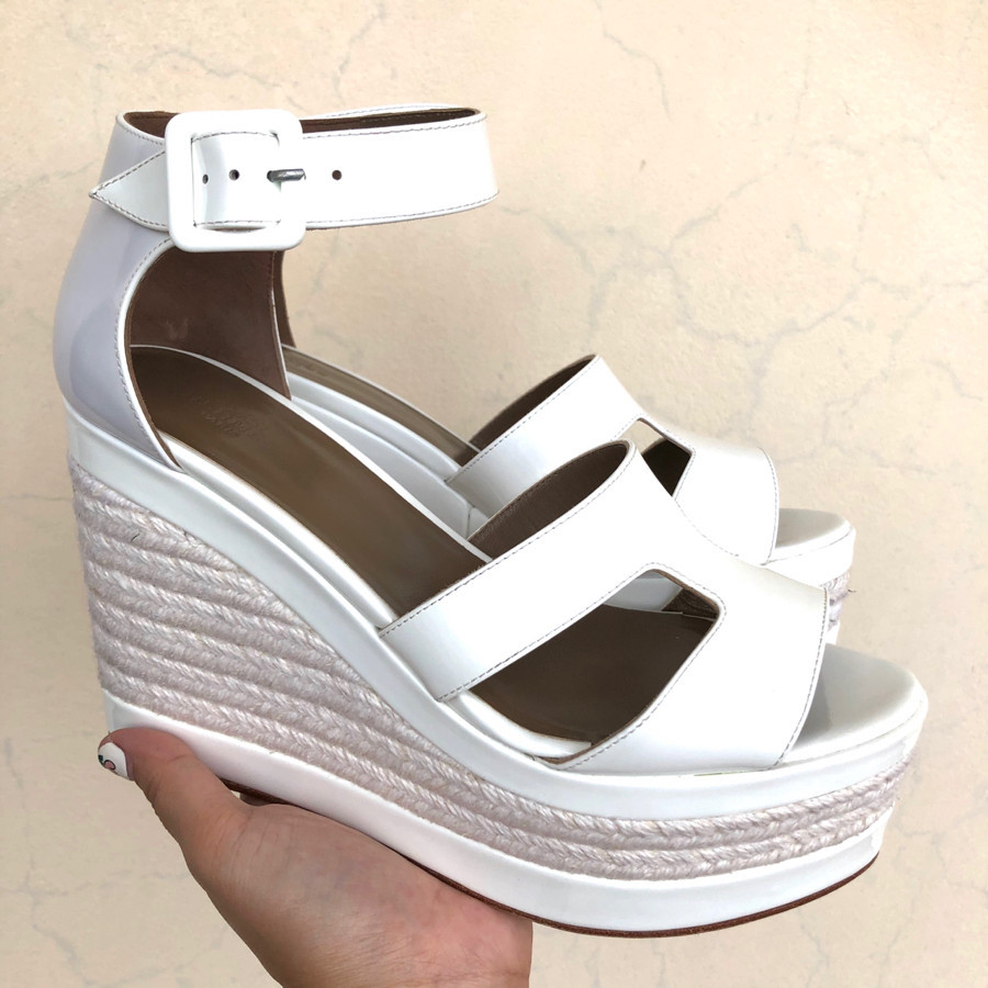 Hermes - White Textured Leather Ilana Espadrille Wedge Sandals sz 38: