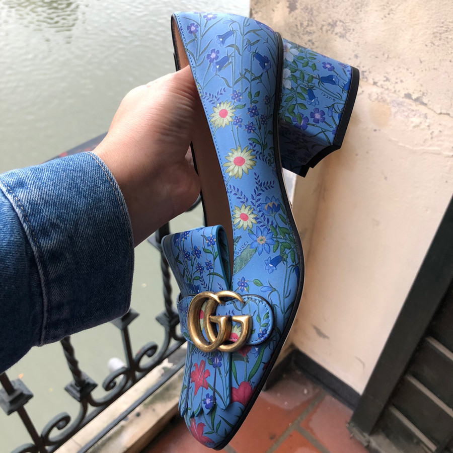 Gucci - Marmont Blue Rose Floral Fringe Block Heel Size 37: