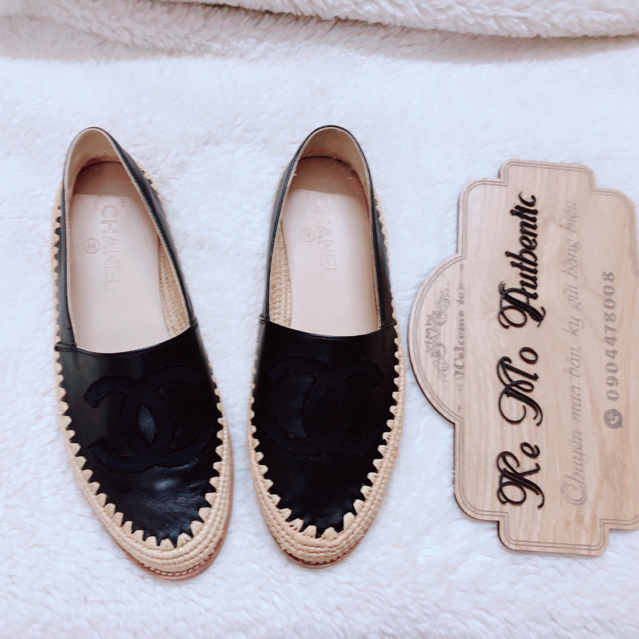 Chanel Black Lambskin Leather Cc Logo Double Sole Woven Espadrille Ballet Flats sz 38: