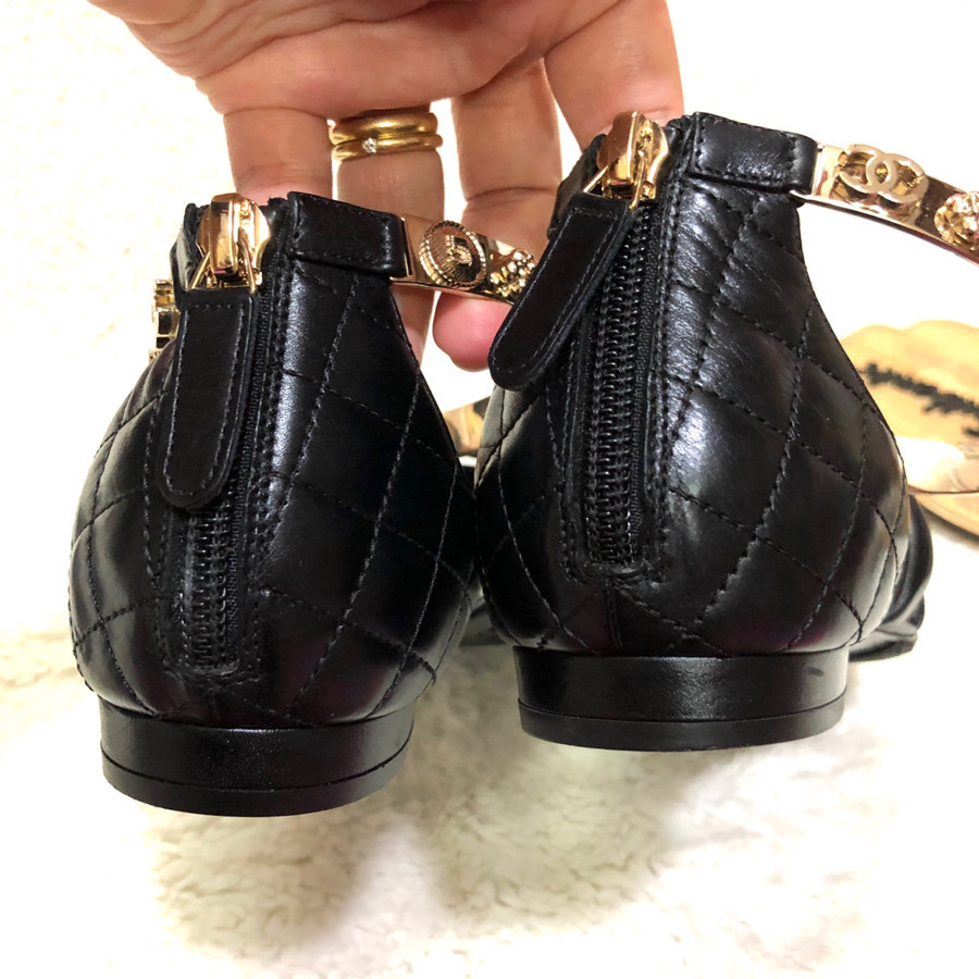 Chanel limited Edition black leather & Gold hardware strap sandal sz 38C: