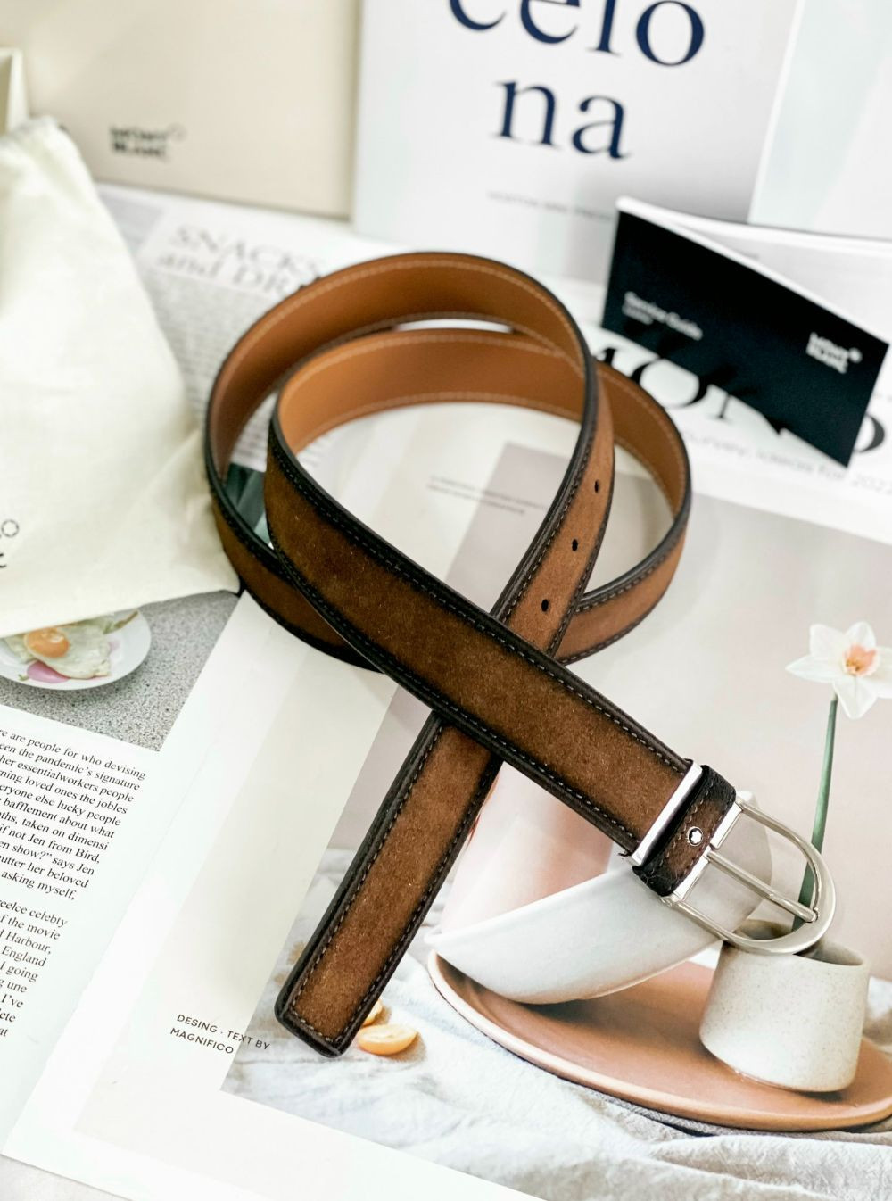 Belt Montblanc da lộn màu nâu khóa tròn bản 3.5cm