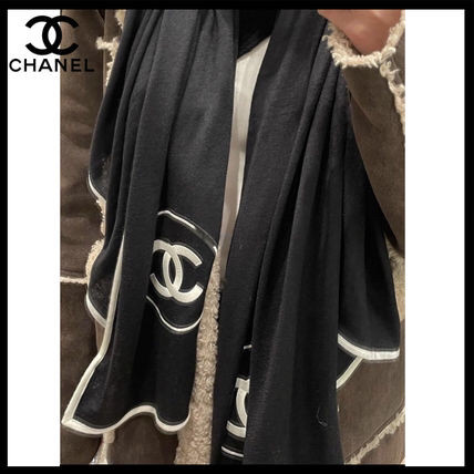 Khăn chanel cashmere đen viền trắng logo  sz 210x110