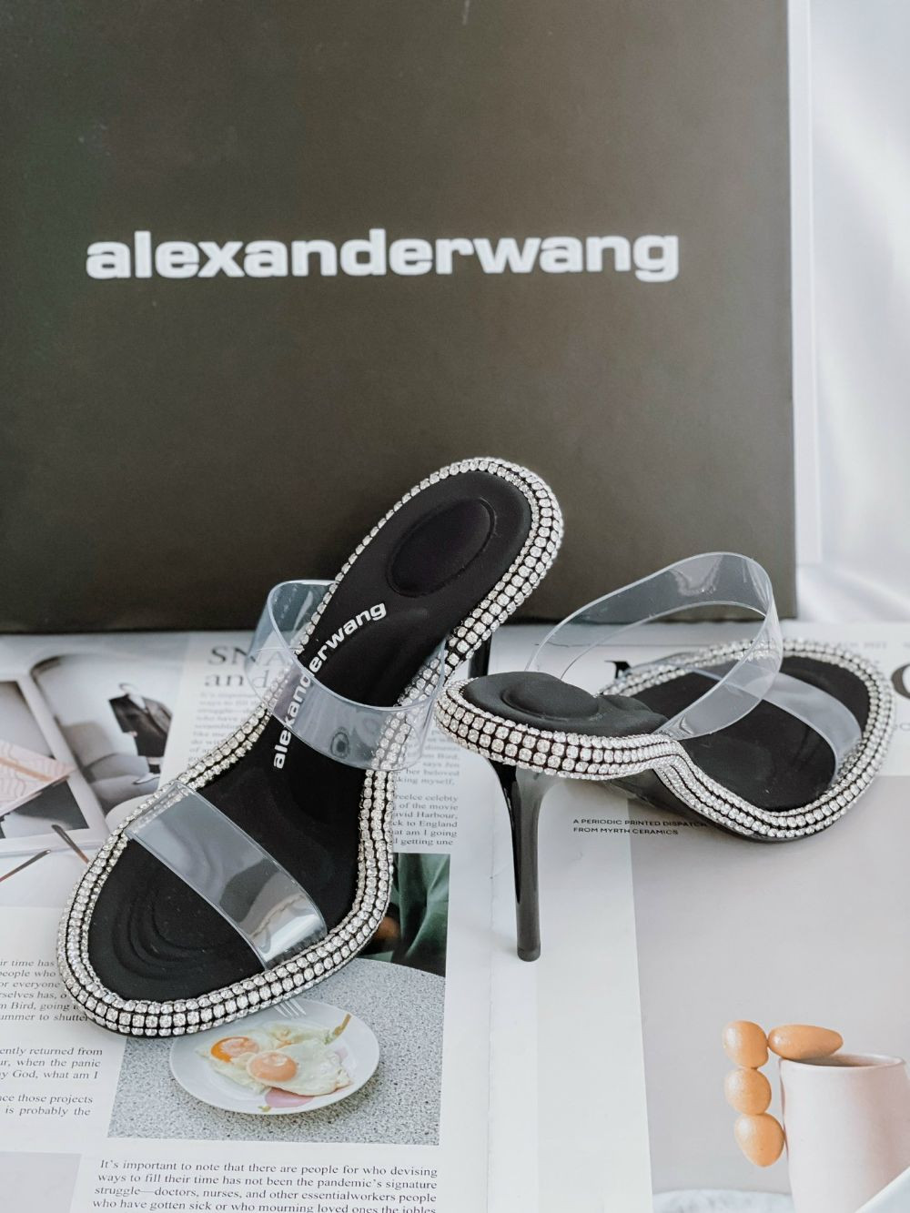 Giày cao gót Alexander Wang đen viền đá, quai trong, gót 9cm