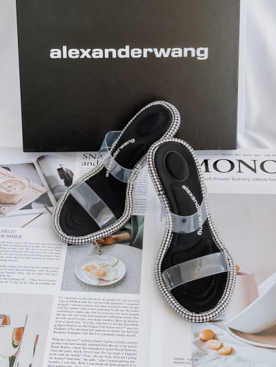 Giày cao gót Alexander Wang đen viền đá, quai trong, gót 9cm