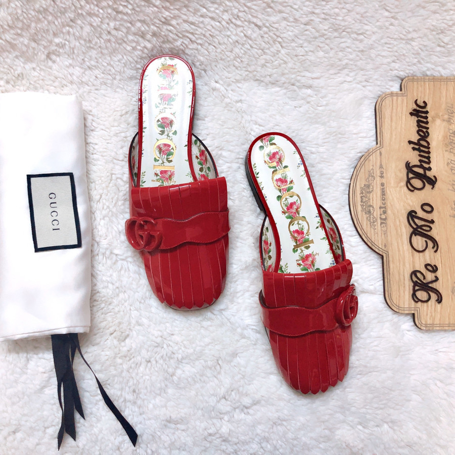 Gucci GG Marmont slippers sandals mules enamel leather red patent sz 36: