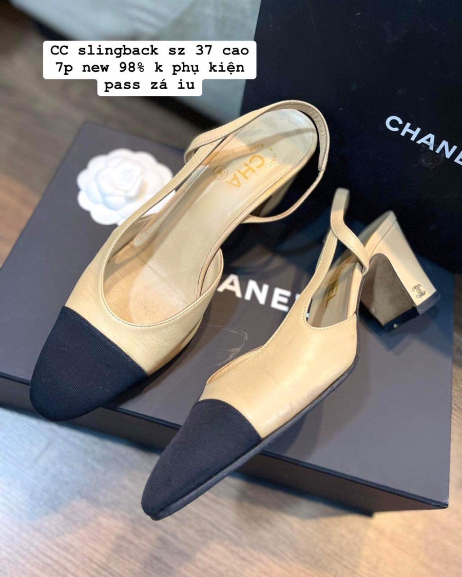 Giayd chanel slingback be đen sz 37 cao 7p