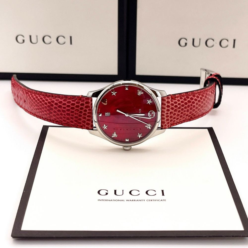 Đồng hồ Gucci G-Timeless Red Mop Dial Red Leather Case 36mm