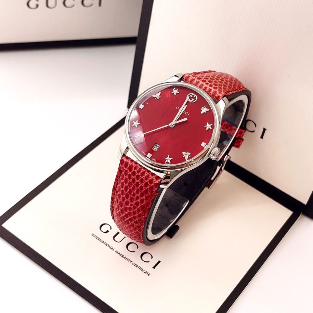 Đồng hồ Gucci G-Timeless Red Mop Dial Red Leather Case 36mm