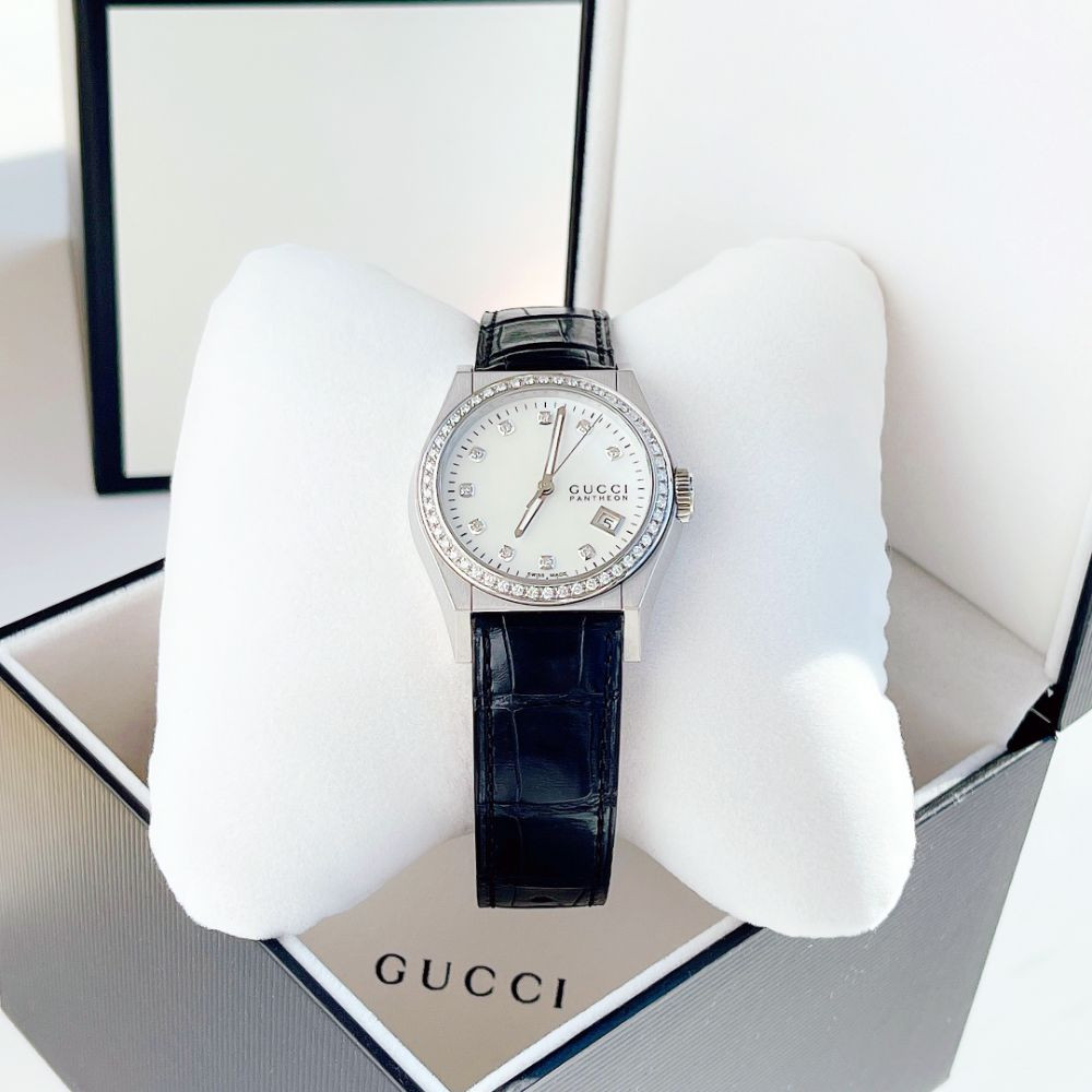 Đồng hồ Gucci Pantheon Mother of Pearl Dial Black Leather Diamond Ladies Watch Case 36mm