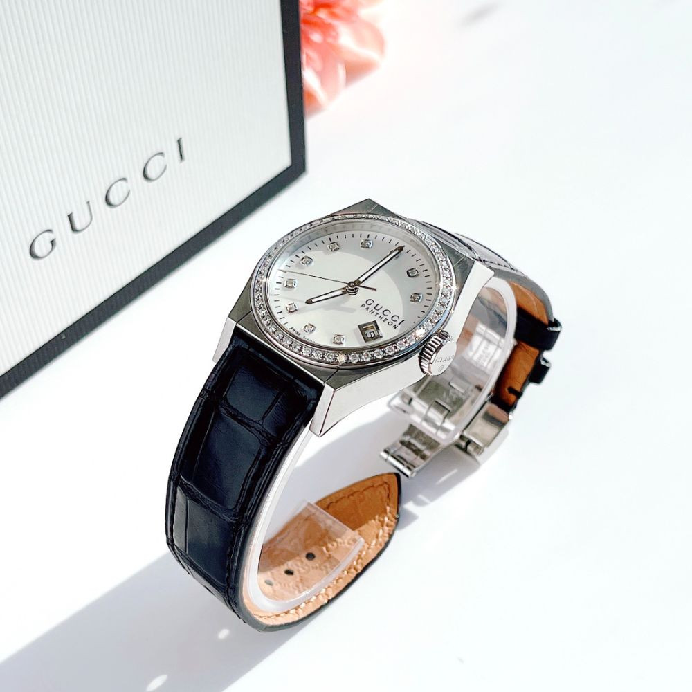 Đồng hồ Gucci Pantheon Mother of Pearl Dial Black Leather Diamond Ladies Watch Case 36mm