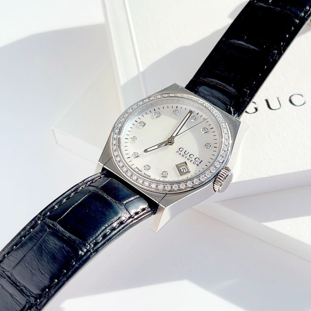 Đồng hồ Gucci Pantheon Mother of Pearl Dial Black Leather Diamond Ladies Watch Case 36mm