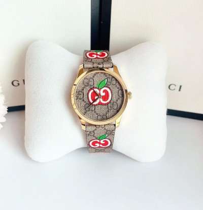 Đồng hồ Gucci G-Timeless Apple Canvas Dial Leather Ladies Watch Case 38mm