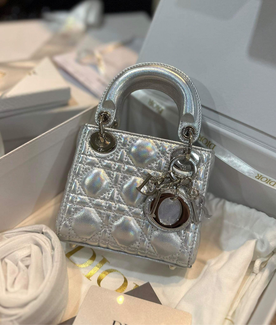 Túi dior lady namo màu bạc nhũ khoá trắng card fullbox bill