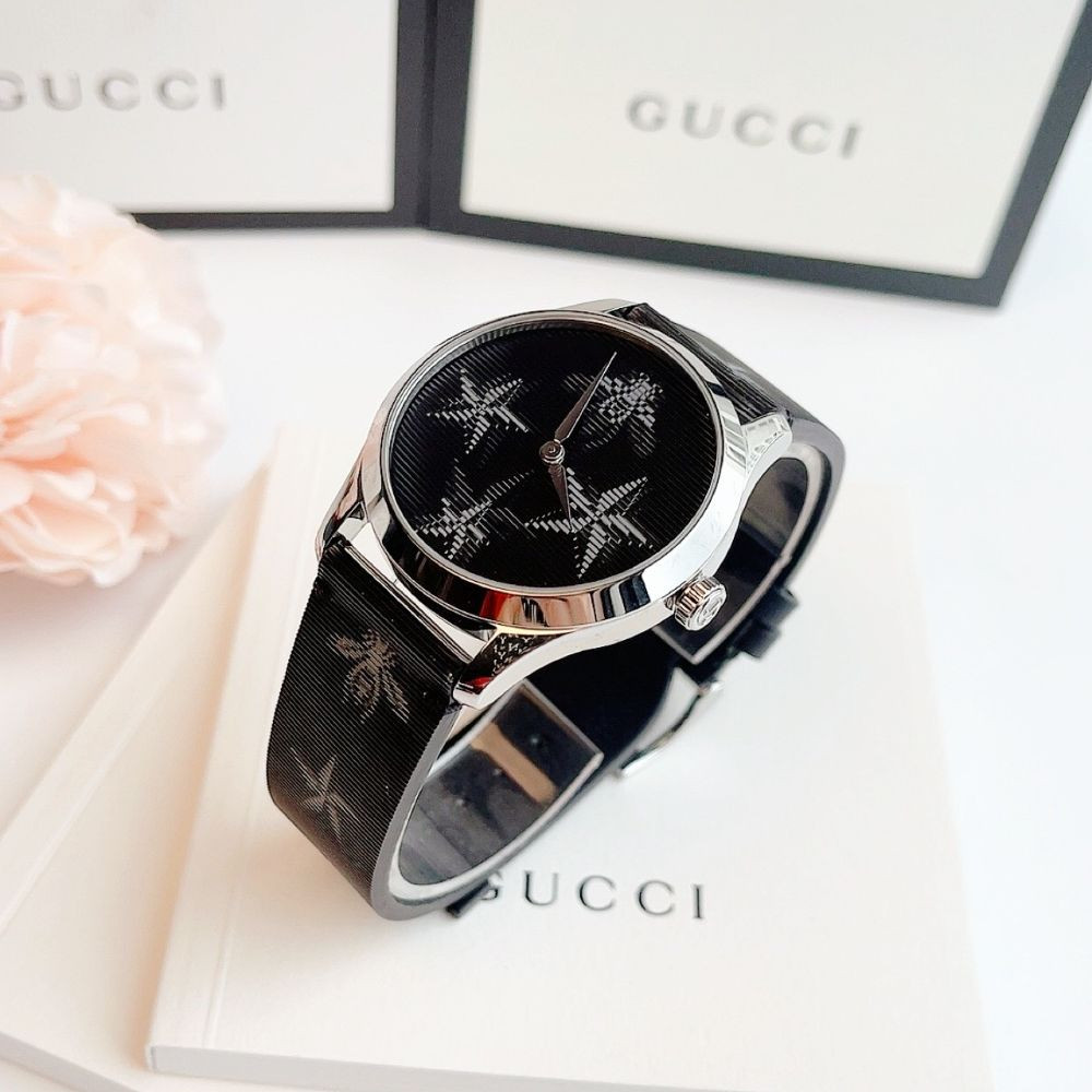 Đồng hồ Gucci G-Timeless Black Dial Black Leather Ladies Watch Case 38mm