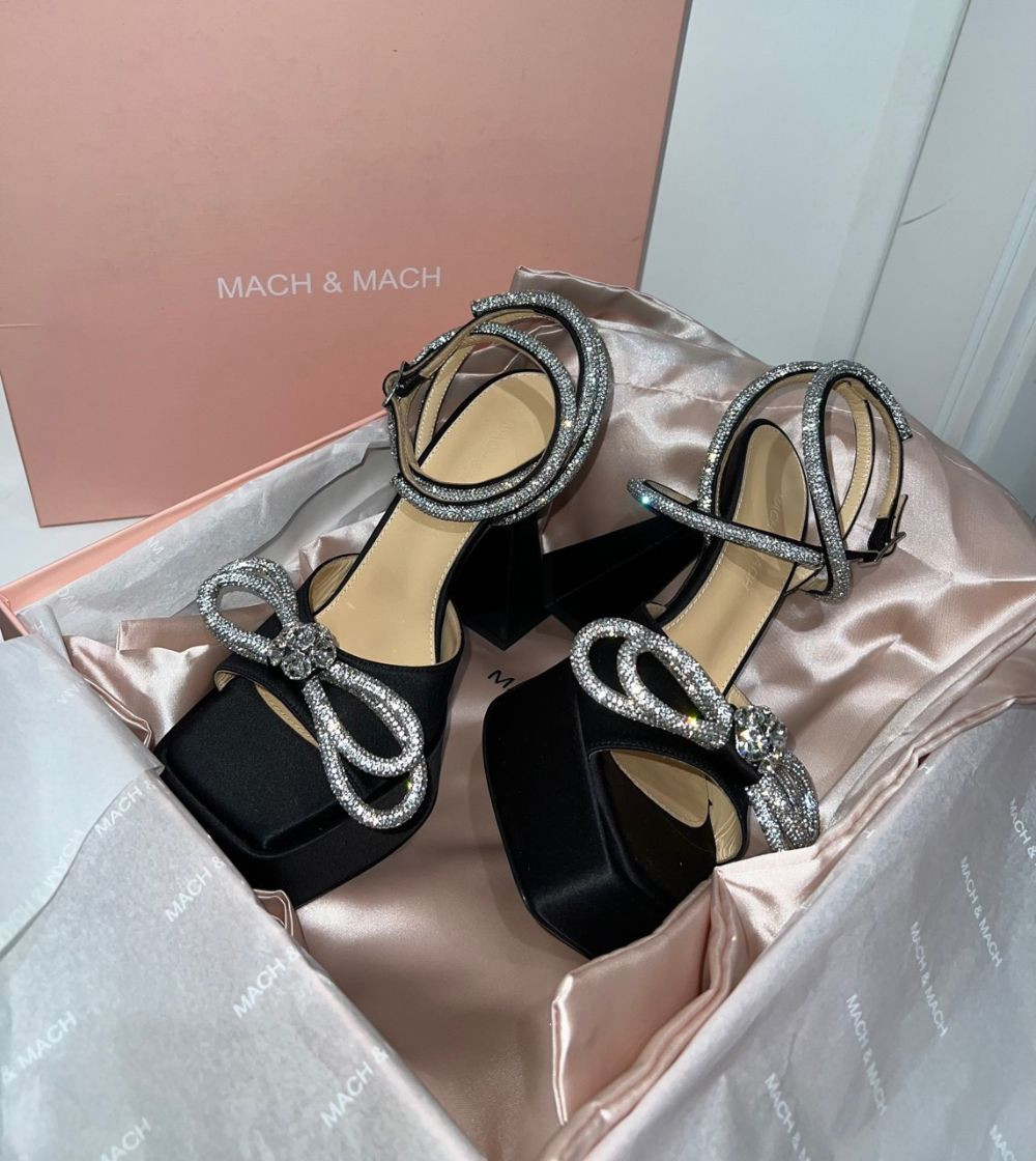 Guốc Mach & Mach satin đen gót 14cm