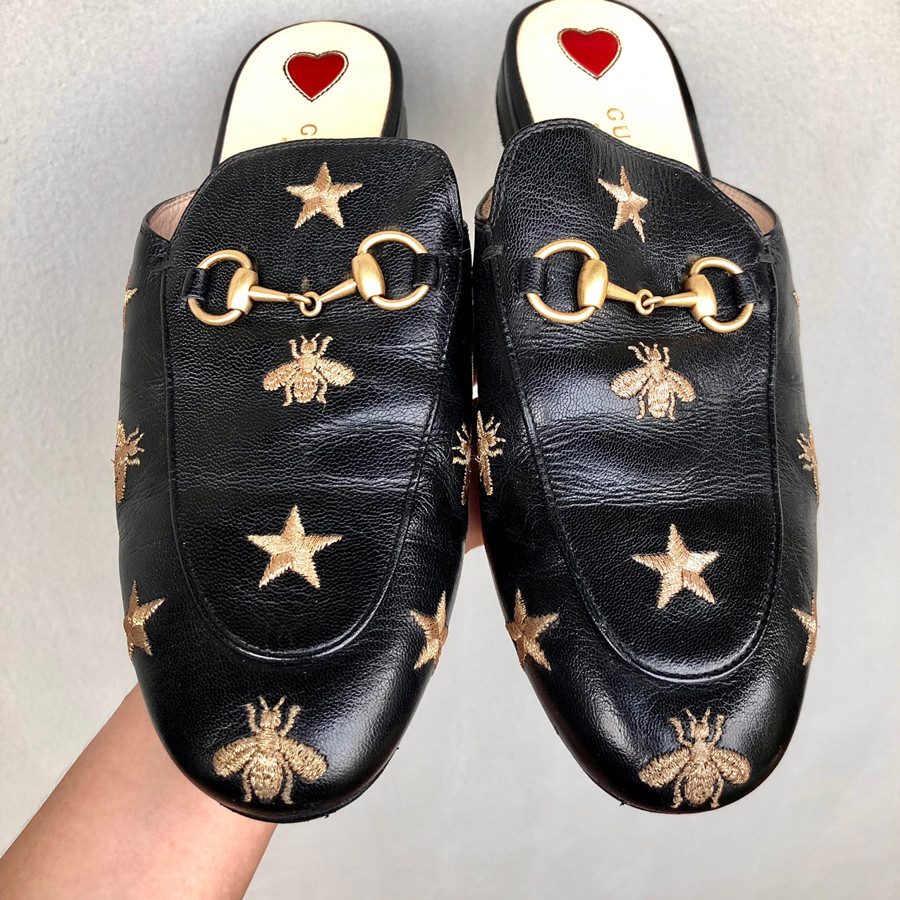 ❤️ Gucci - Bee & star - Princetown Embroidered Leather Slipper - black leather sz 37,5: