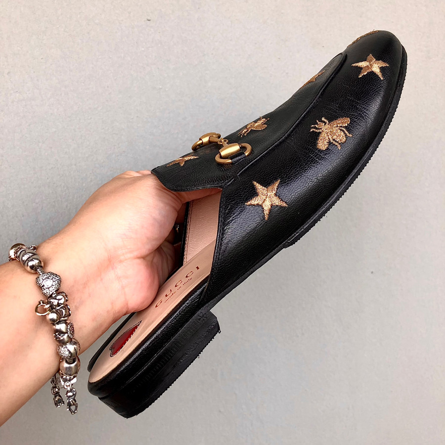 ❤️ Gucci - Bee & star - Princetown Embroidered Leather Slipper - black leather sz 37,5: