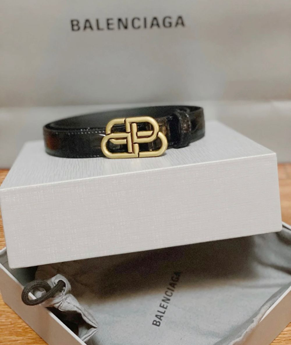 Belt Balenciaga đen croc logo vàng, bản 2.5cm