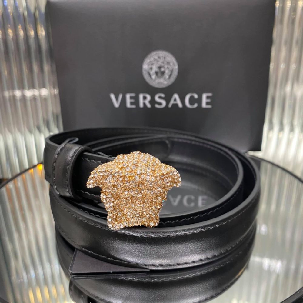 Belt Versace đen bản 2cm logo full đá