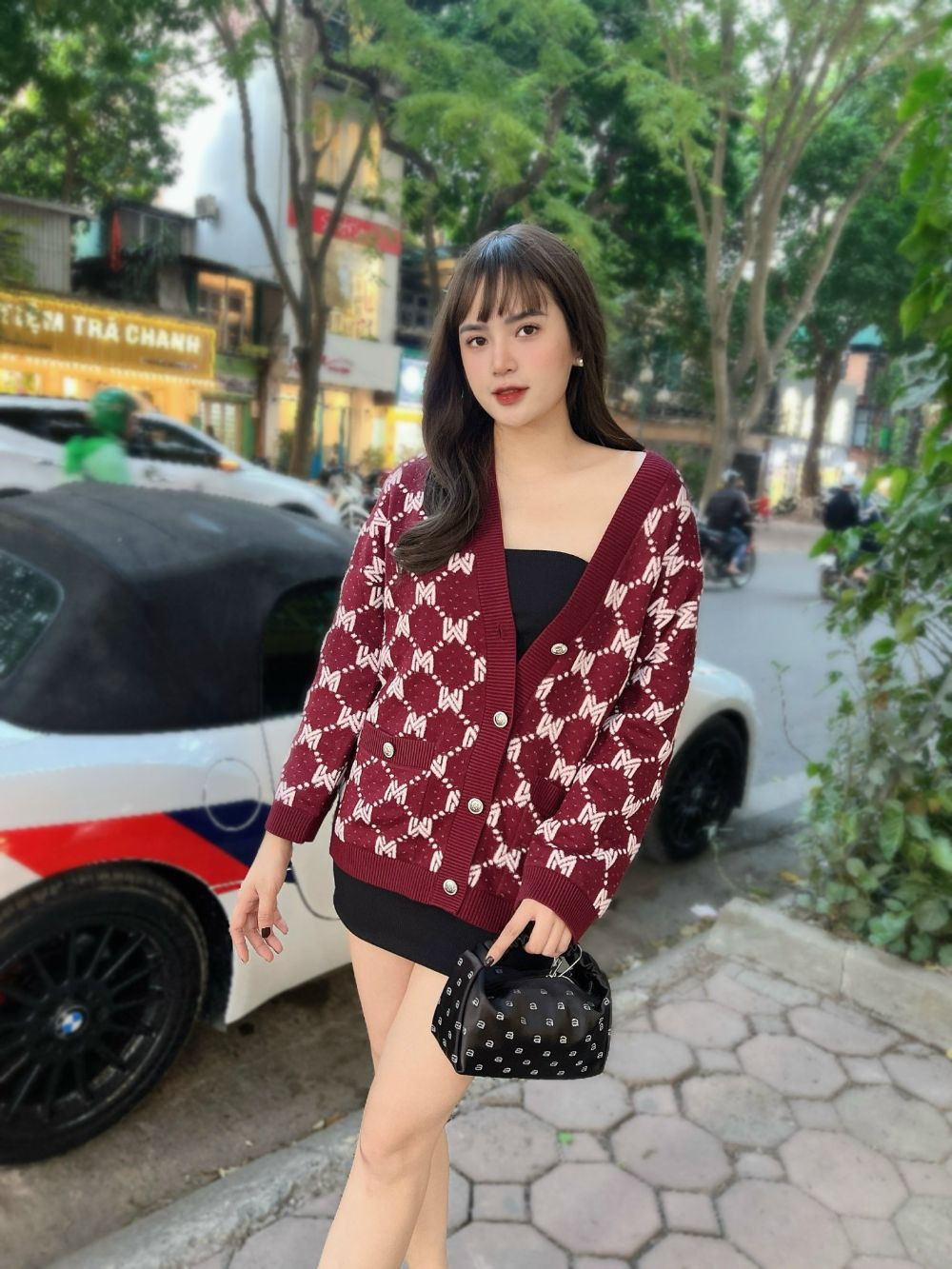 Áo Maje cardigan len đỏ logo