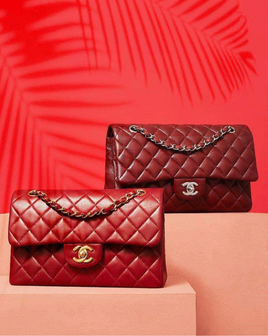 Chanel Classic đỏ đô sz Medium likenew