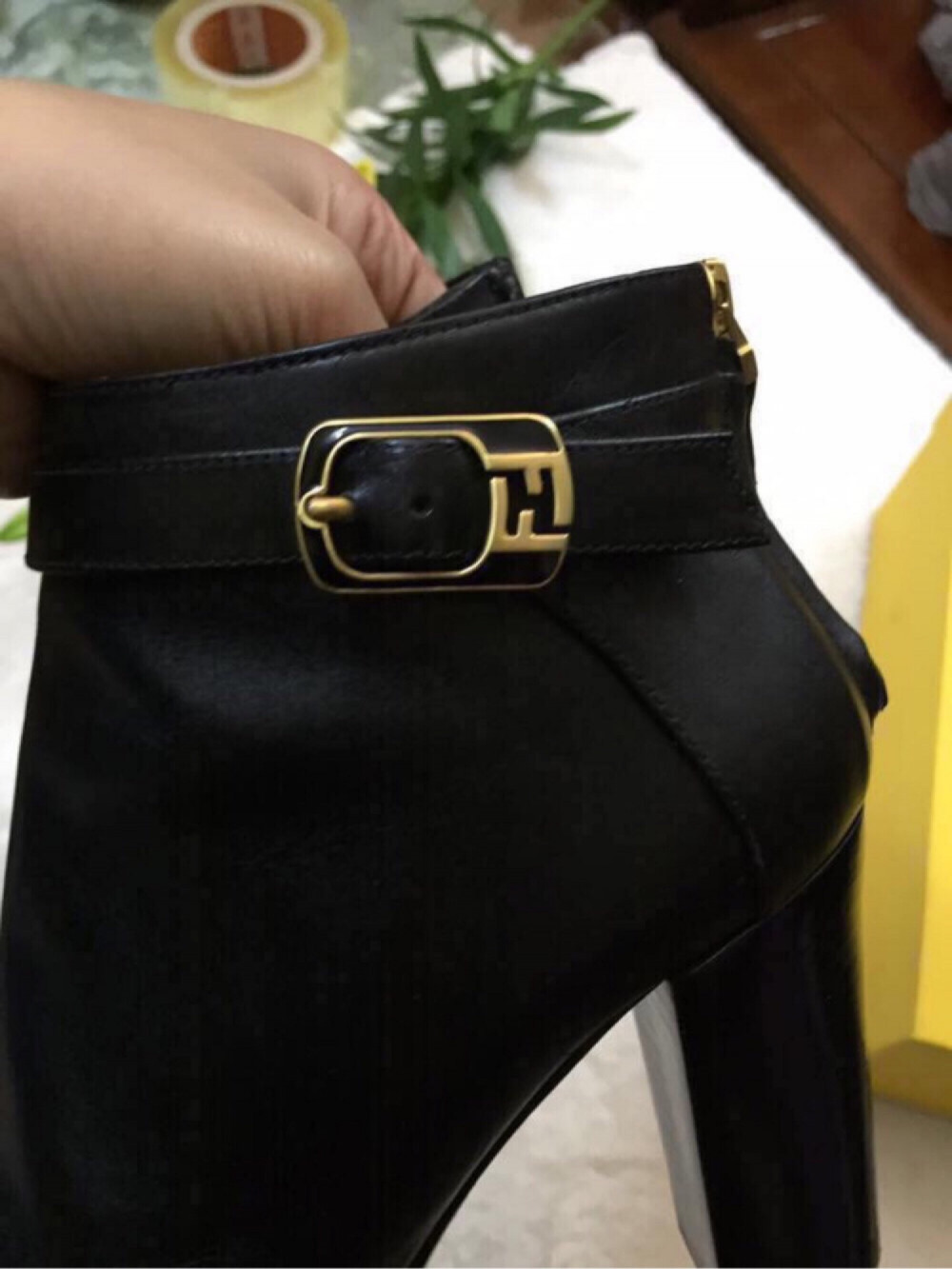 Fendi black leather ankle boots with gold buckle sz 36