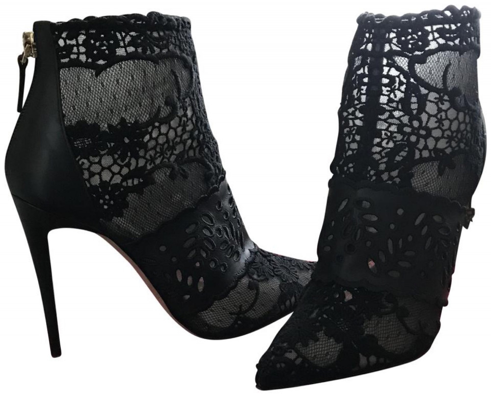 Valentino Black Lace Tulle Cutout Leather Stiletto Heel Ankle Boots