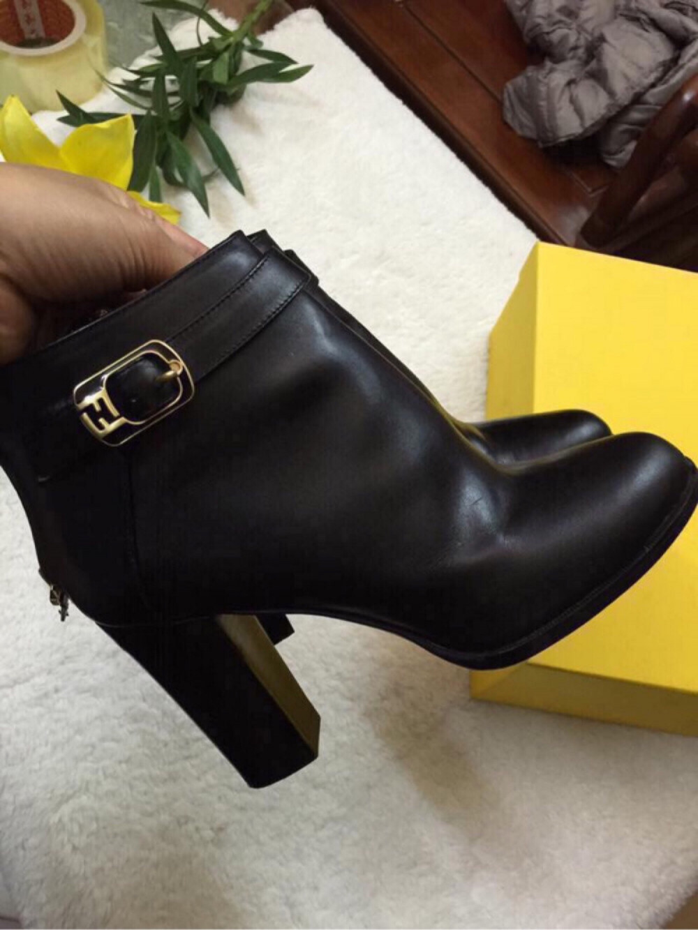 Fendi black leather ankle boots with gold buckle sz 36