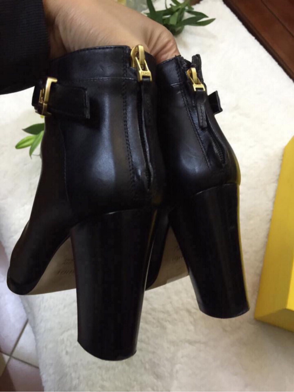 Fendi black leather ankle boots with gold buckle sz 36